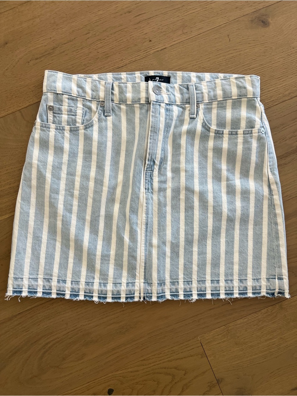 7 for All Mankind Striped Blue and White Denim Mini Skirt